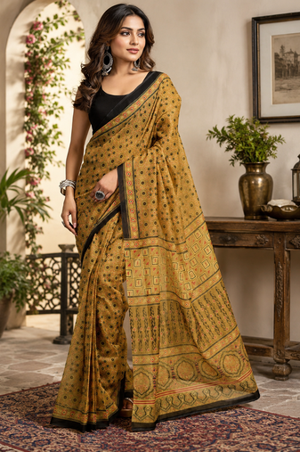 mustard yellow printed chanderi cotton ready to wear saree with unstitched blouse