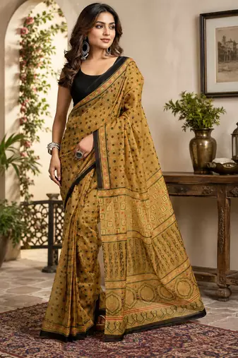mustard yellow printed chanderi cotton ready to wear saree with unstitched blouse