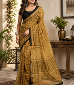 mustard yellow printed chanderi cotton ready to wear saree with unstitched blouse