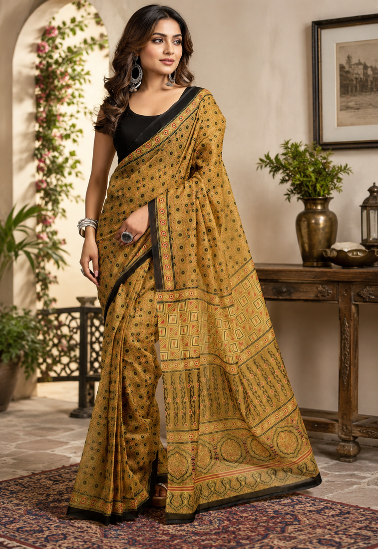 mustard yellow printed chanderi cotton ready to wear saree with unstitched blouse