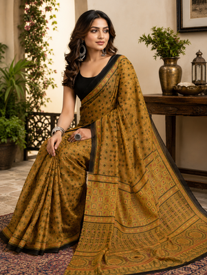 mustard yellow printed chanderi cotton ready to wear saree with unstitched blouse 2