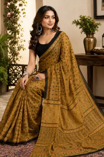 mustard yellow printed chanderi cotton ready to wear saree with unstitched blouse