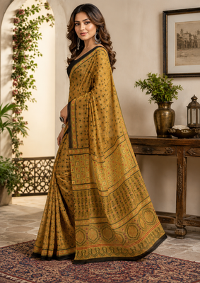 mustard yellow printed chanderi cotton ready to wear saree with unstitched blouse 3