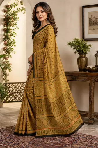mustard yellow printed chanderi cotton ready to wear saree with unstitched blouse