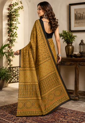 mustard yellow printed chanderi cotton ready to wear saree with unstitched blouse 4