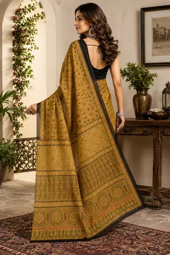 mustard yellow printed chanderi cotton ready to wear saree with unstitched blouse