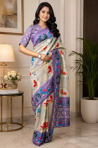 off white printed chanderi cotton ready to wear saree with unstitched blouse