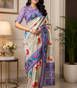 off white printed chanderi cotton ready to wear saree with unstitched blouse