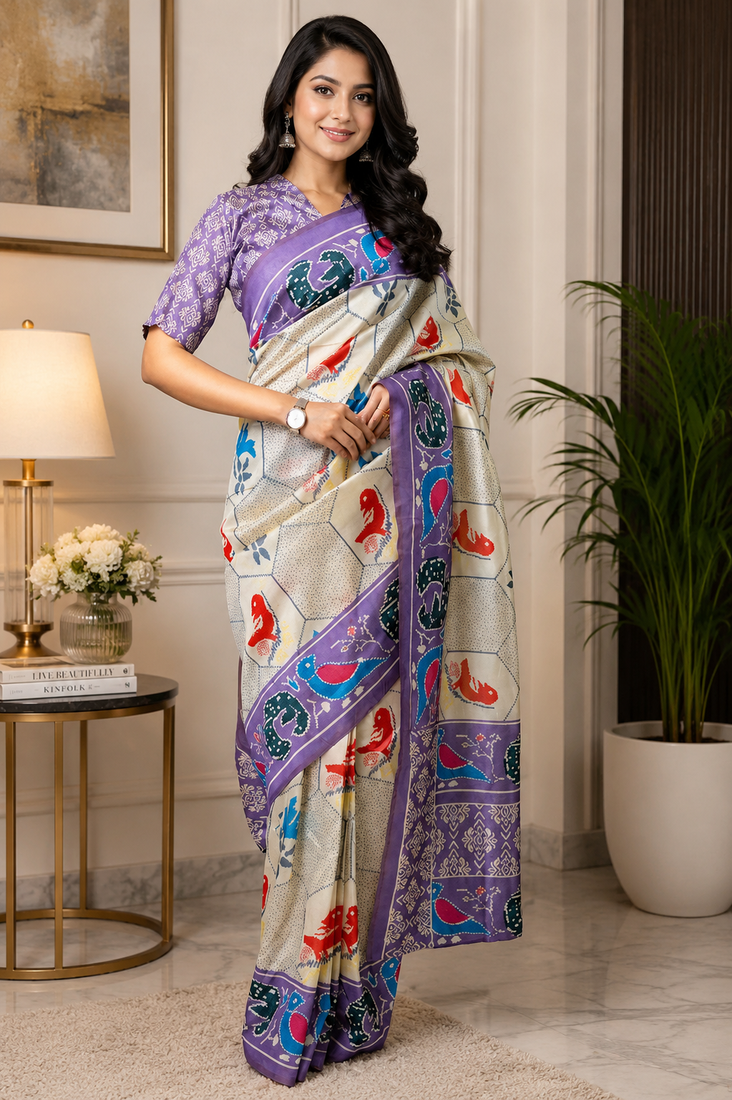 off white printed chanderi cotton ready to wear saree with unstitched blouse