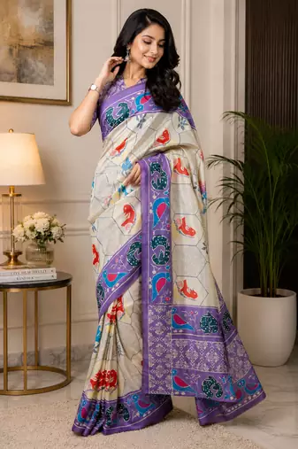 off white printed chanderi cotton ready to wear saree with unstitched blouse