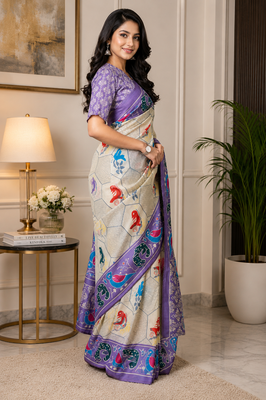 off white printed chanderi cotton ready to wear saree with unstitched blouse 3