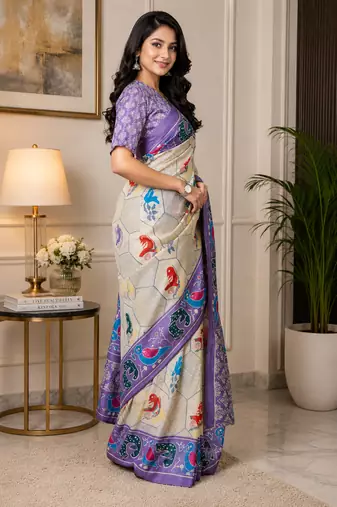 off white printed chanderi cotton ready to wear saree with unstitched blouse