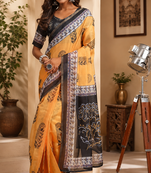 orange black printed chanderi cotton ready to wear saree with unstitched blouse