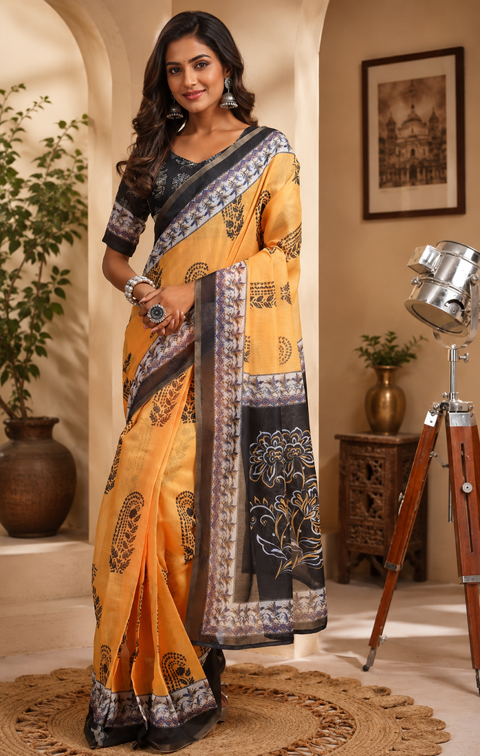 orange black printed chanderi cotton ready to wear saree with unstitched blouse