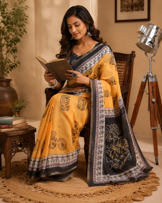 orange black printed chanderi cotton ready to wear saree with unstitched blouse 2