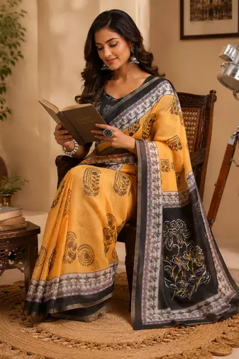 orange black printed chanderi cotton ready to wear saree with unstitched blouse