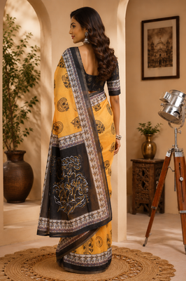 orange black printed chanderi cotton ready to wear saree with unstitched blouse 4
