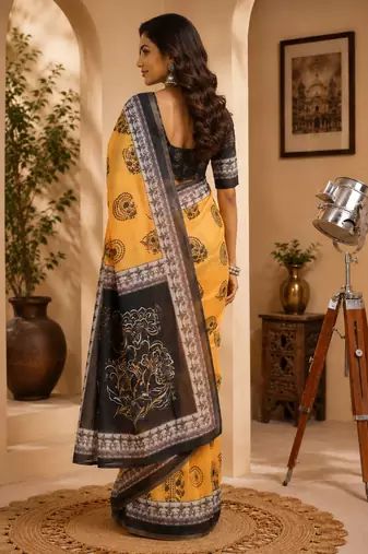 orange black printed chanderi cotton ready to wear saree with unstitched blouse