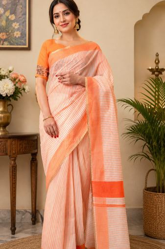 peach printed chanderi cotton ready to wear saree with unstitched blouse