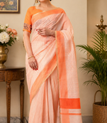 peach printed chanderi cotton ready to wear saree with unstitched blouse