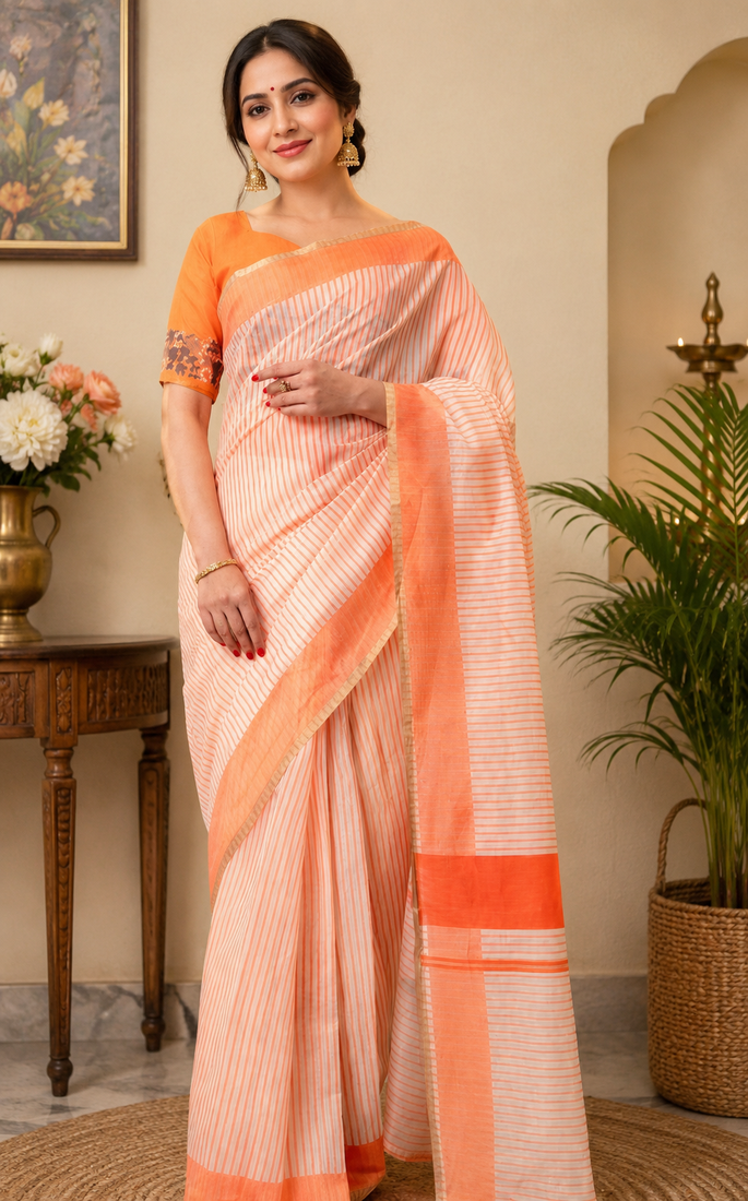 peach printed chanderi cotton ready to wear saree with unstitched blouse
