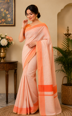 peach printed chanderi cotton ready to wear saree with unstitched blouse 2