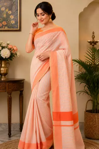 peach printed chanderi cotton ready to wear saree with unstitched blouse