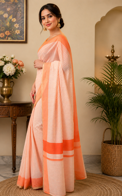 peach printed chanderi cotton ready to wear saree with unstitched blouse 3
