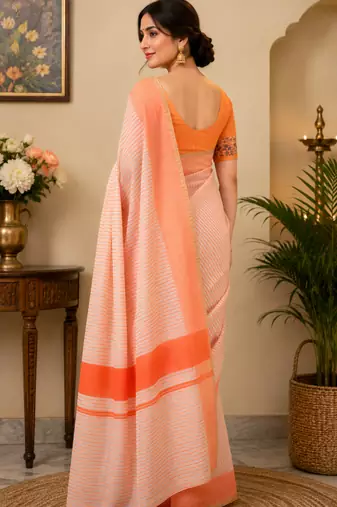 peach printed chanderi cotton ready to wear saree with unstitched blouse