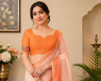 peach printed chanderi cotton ready to wear saree with unstitched blouse 5
