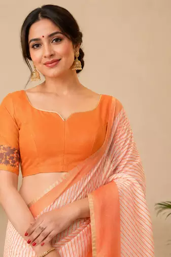 peach printed chanderi cotton ready to wear saree with unstitched blouse