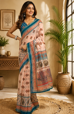 peach printed chanderi cotton ready to wear saree with unstitched blouse 1