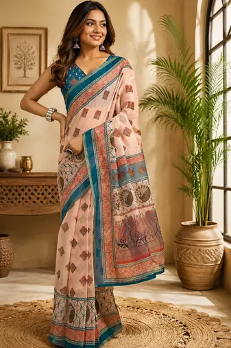 peach printed chanderi cotton ready to wear saree with unstitched blouse