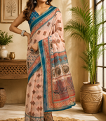 peach printed chanderi cotton ready to wear saree with unstitched blouse