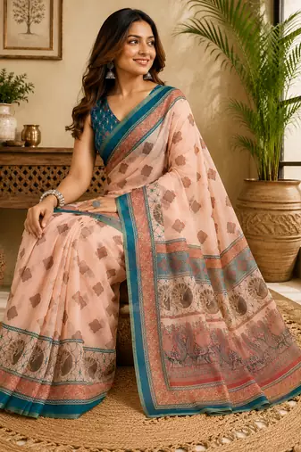 peach printed chanderi cotton ready to wear saree with unstitched blouse