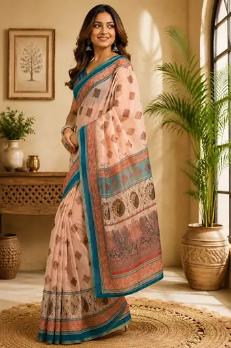 peach printed chanderi cotton ready to wear saree with unstitched blouse
