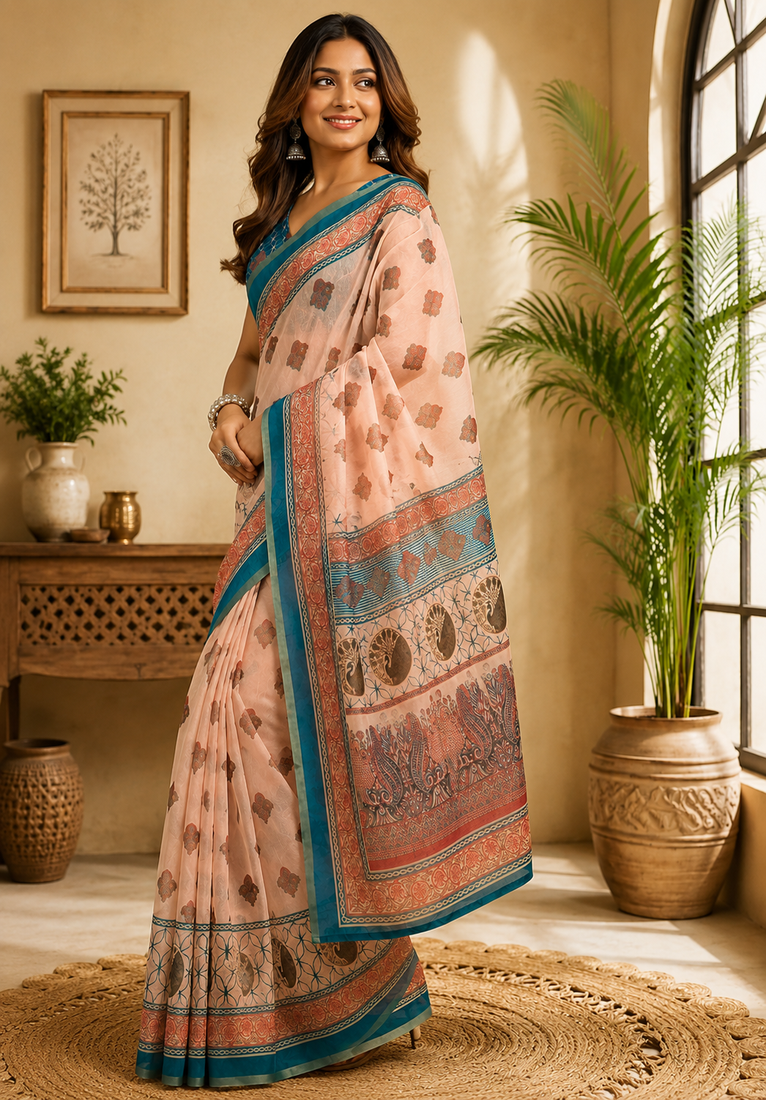 peach printed chanderi cotton ready to wear saree with unstitched blouse