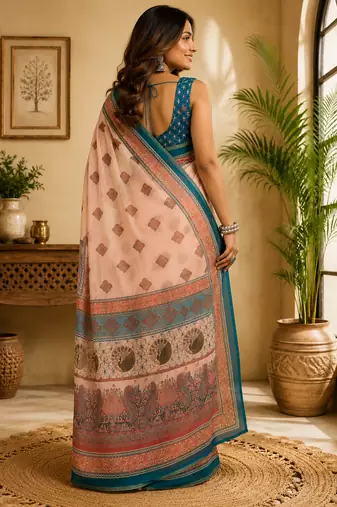 peach printed chanderi cotton ready to wear saree with unstitched blouse