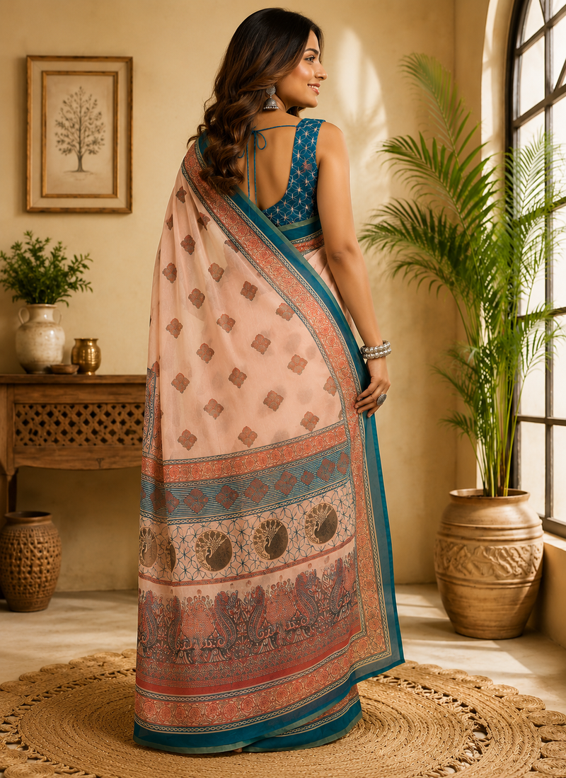 peach printed chanderi cotton ready to wear saree with unstitched blouse
