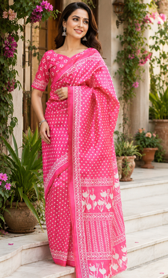 pink printed chanderi cotton ready to wear saree with unstitched blouse 1