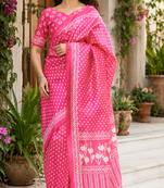 pink printed chanderi cotton ready to wear saree with unstitched blouse