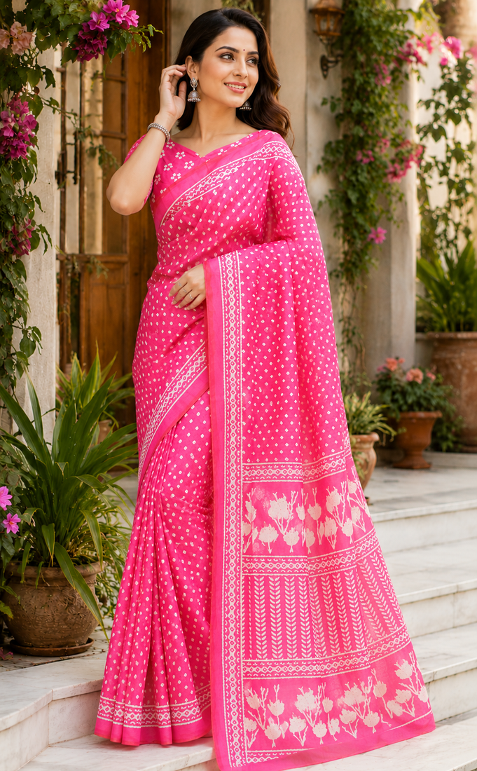 pink printed chanderi cotton ready to wear saree with unstitched blouse