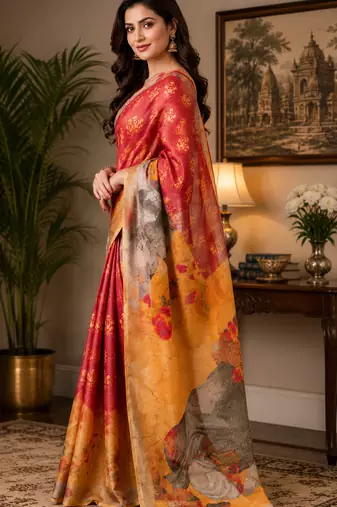 red printed chanderi cotton ready to wear saree with unstitched blouse