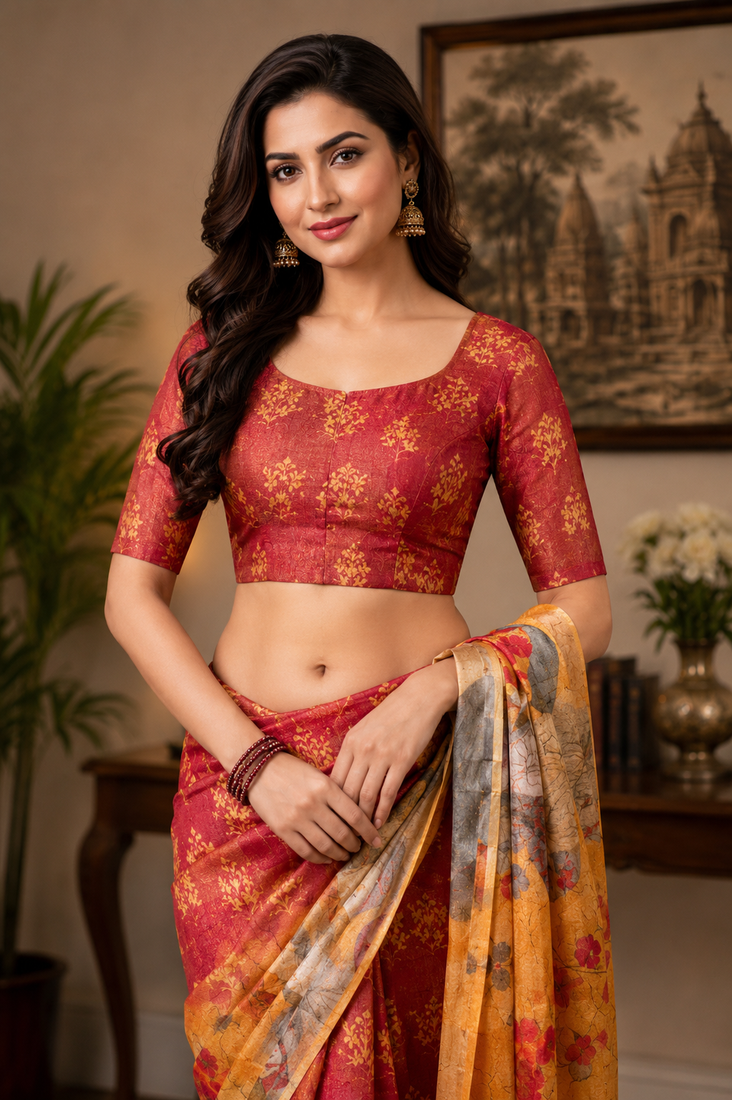red printed chanderi cotton ready to wear saree with unstitched blouse