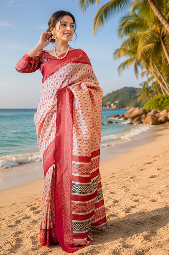 red off white printed chanderi cotton ready to wear saree with unstitched blouse