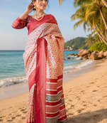 red off white printed chanderi cotton ready to wear saree with unstitched blouse