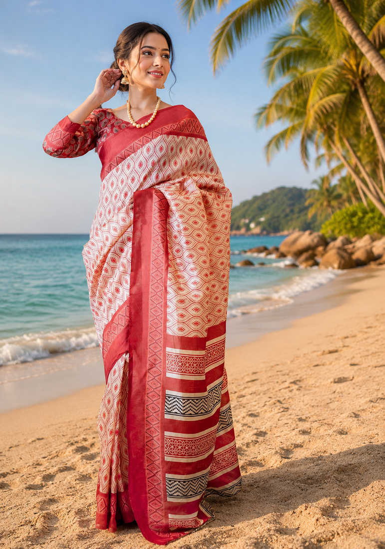 red off white printed chanderi cotton ready to wear saree with unstitched blouse