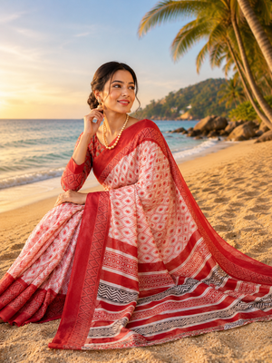 red off white printed chanderi cotton ready to wear saree with unstitched blouse 2