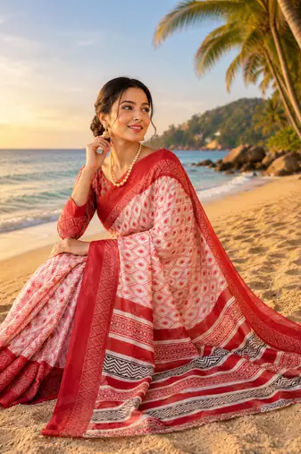 red off white printed chanderi cotton ready to wear saree with unstitched blouse