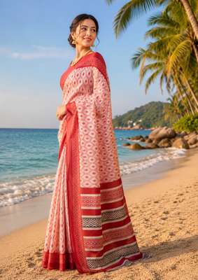 red off white printed chanderi cotton ready to wear saree with unstitched blouse 3